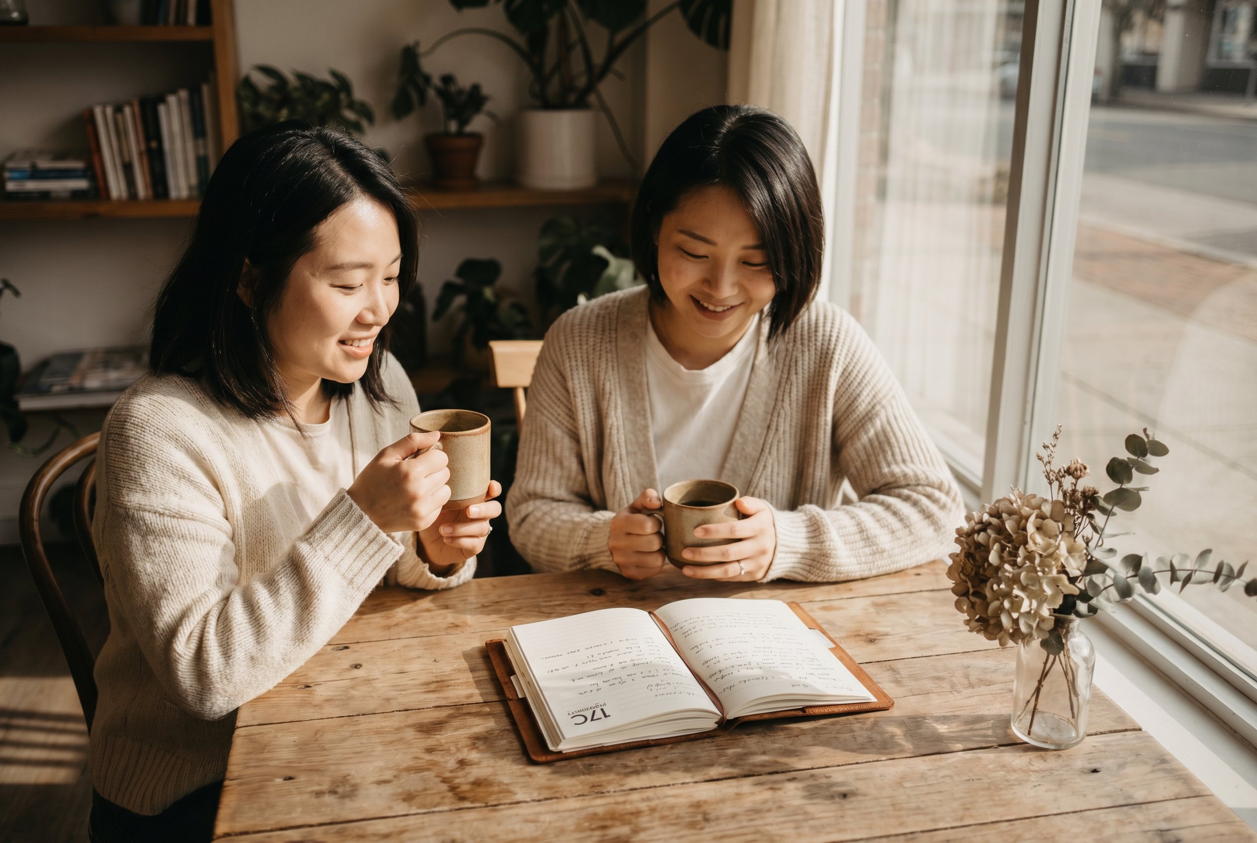 17C品牌手记，两位女性在咖啡馆温暖交流，www.jwsccju.cn