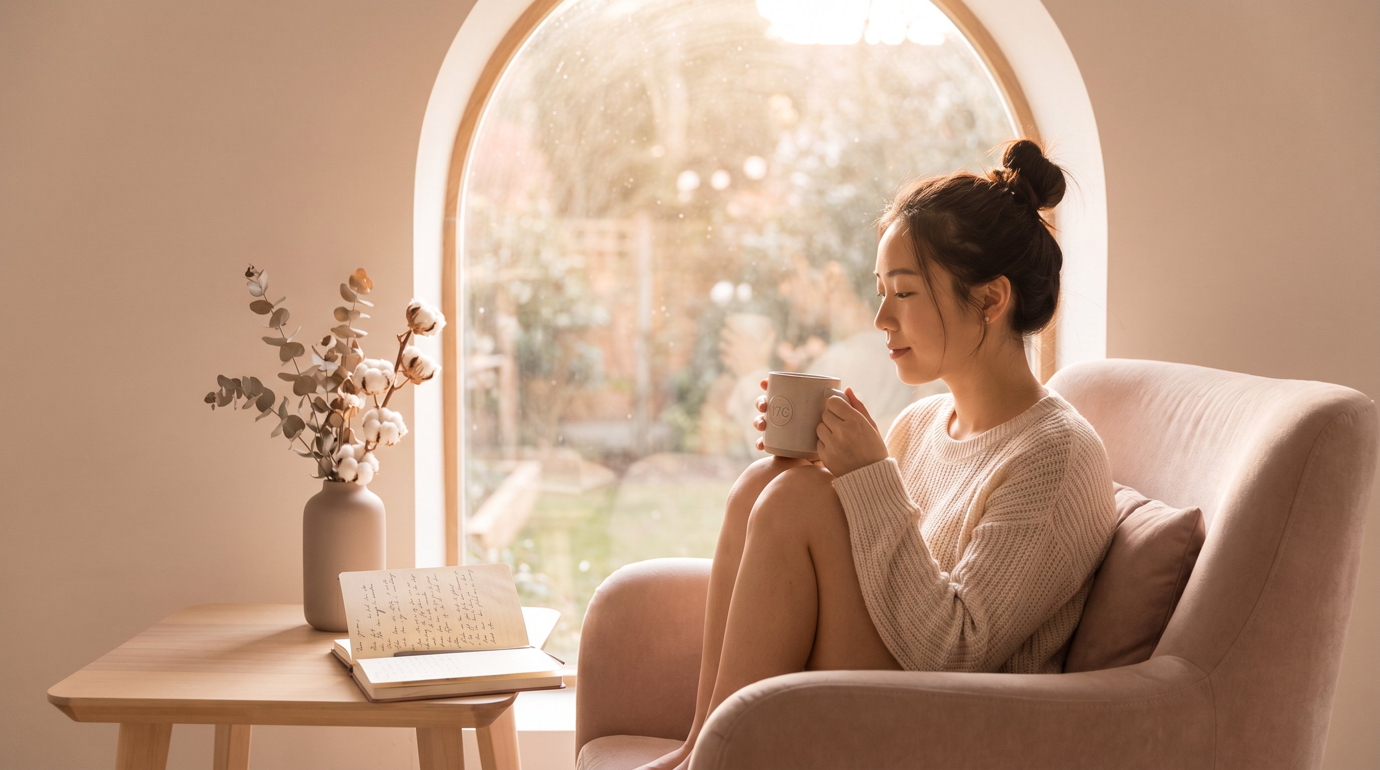 17C女性疗愈品牌首屏，温柔的女性坐在窗边品茶，www.jwsccju.cn